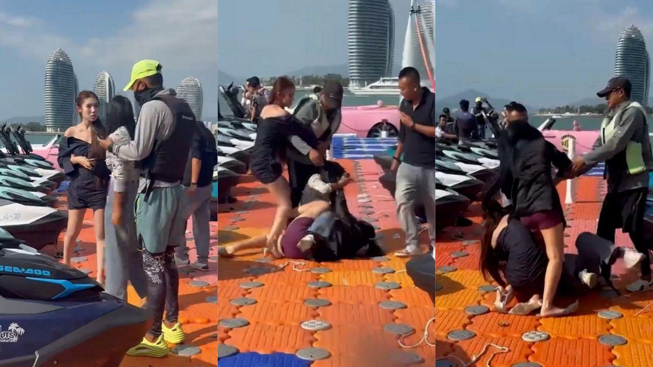 三亚钟情国际游艇会所两位女销售当场开撕 为了抢快艇单子海边互扯头发互脱衣服 高跟鞋满天飞